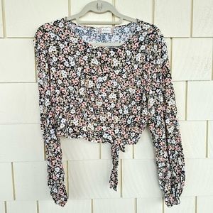 Floral Cut Out Long Sleeve Crop Top - Size L